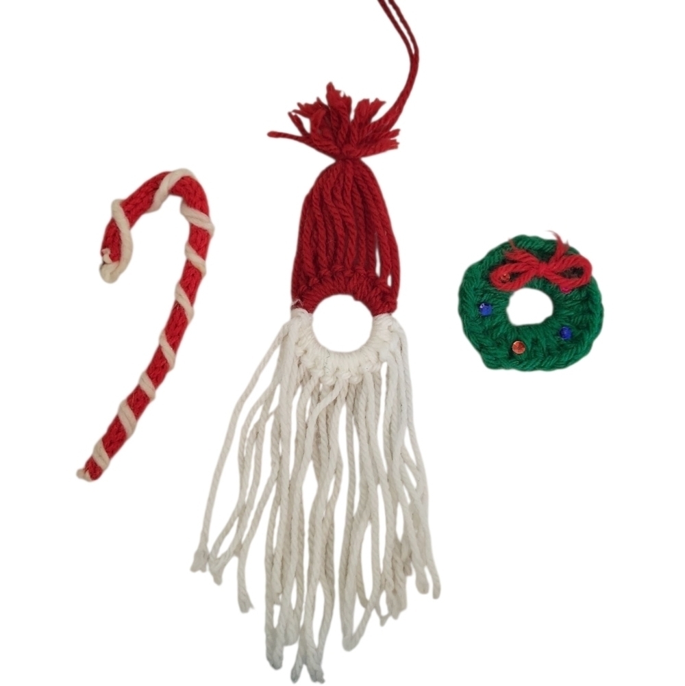 Handmade Yarn Christmas Trio – Santa, Wreath & Candy Cane